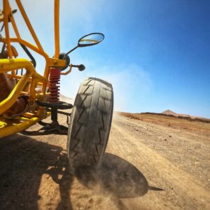 a person riding a buggy on a dirt road